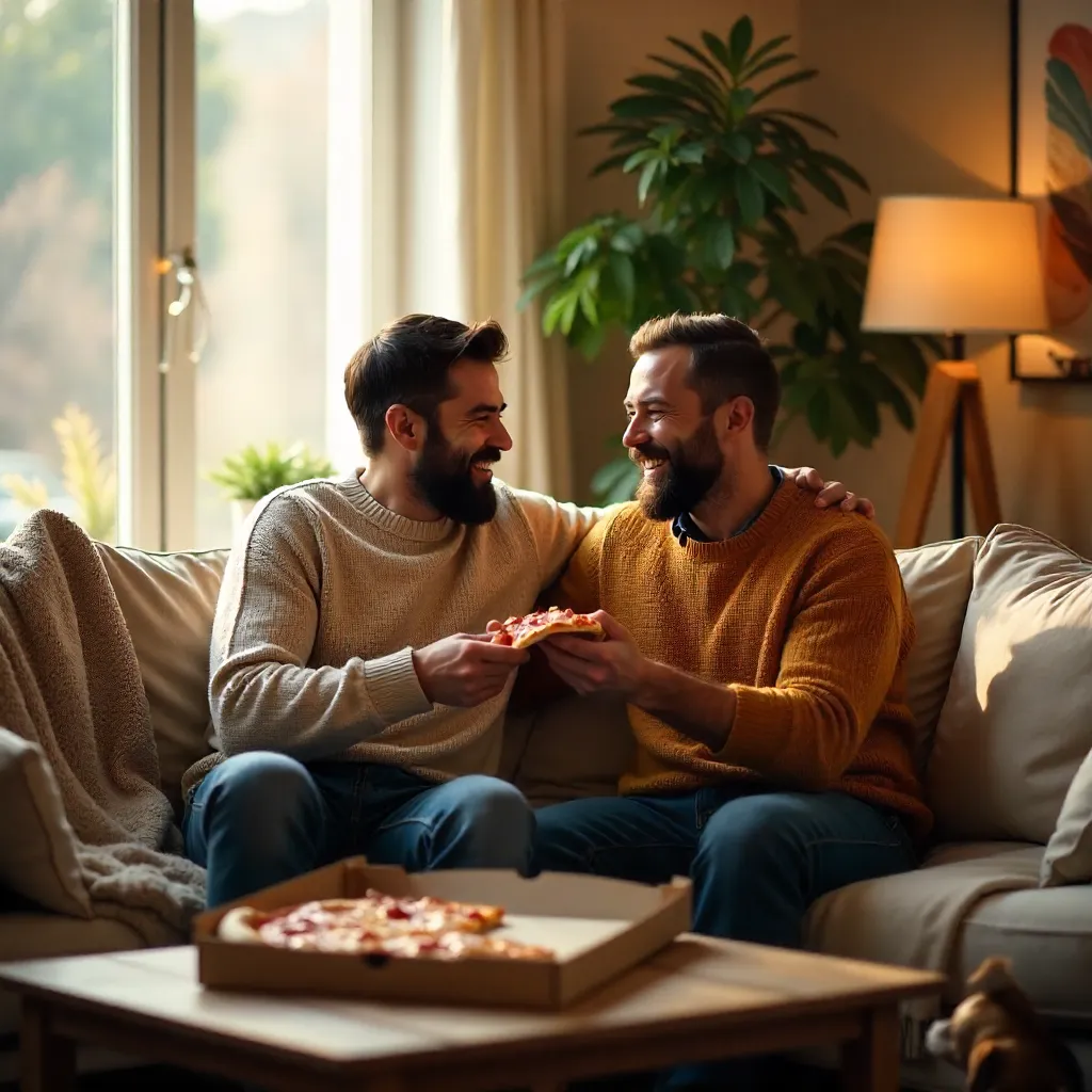 Cozy Joyful Gay Couple Sharing Pizza on a Sofa