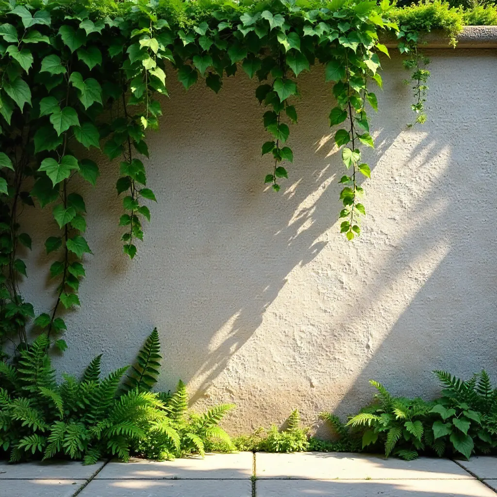 Minimalist Stone Wall with Cascading Green Foliage