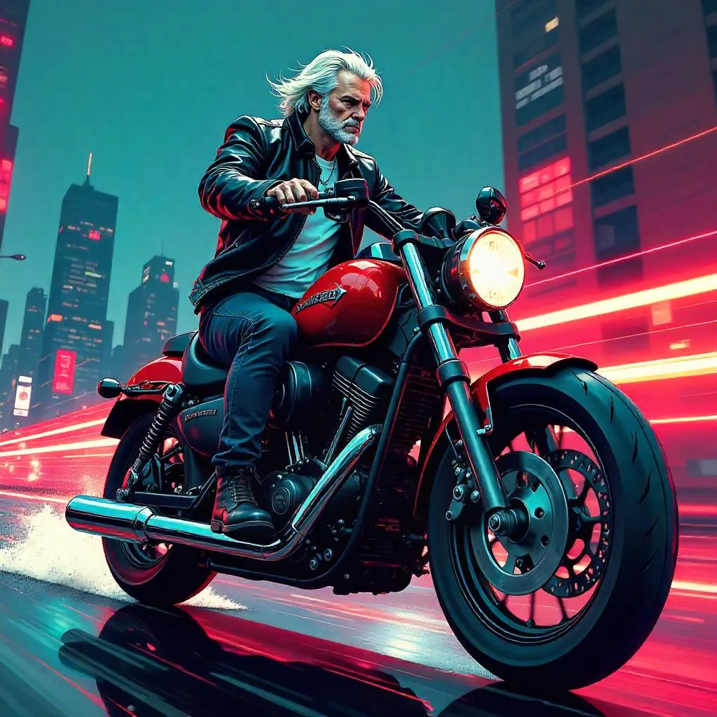 Dynamic Hero on a Neon Motorcycle