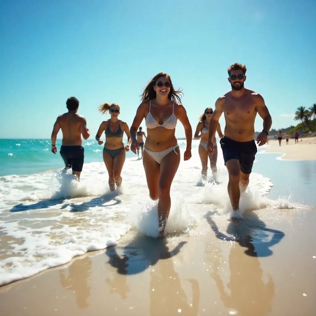 Group Running Through Shallow Ocean Under Clear Blue Sky