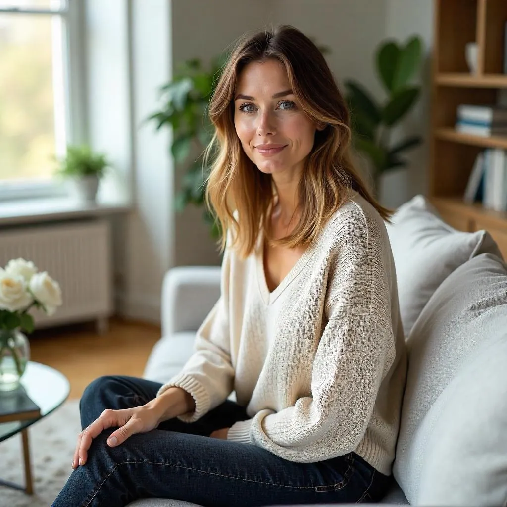 Photorealistic Woman in a Cozy Modern Living Room