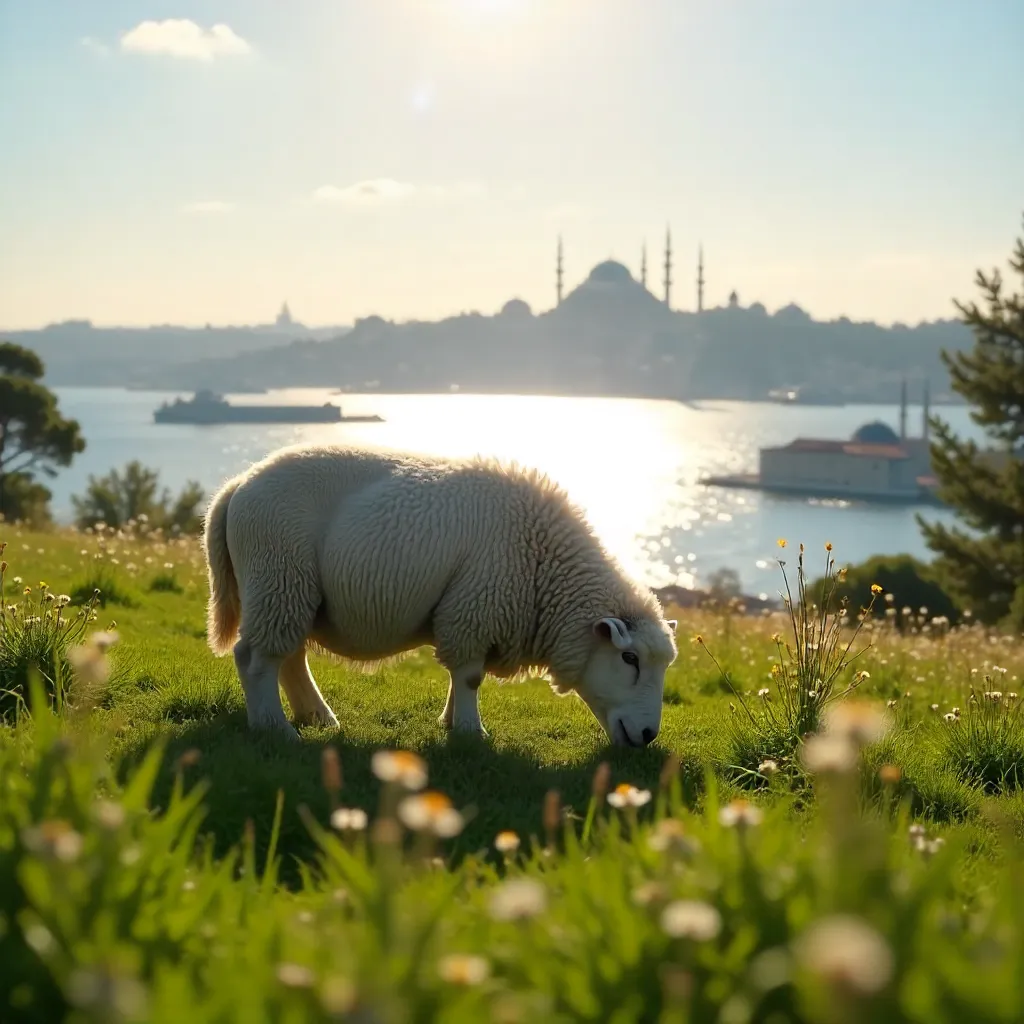 Sheep in a Sunlit Istanbul Meadow