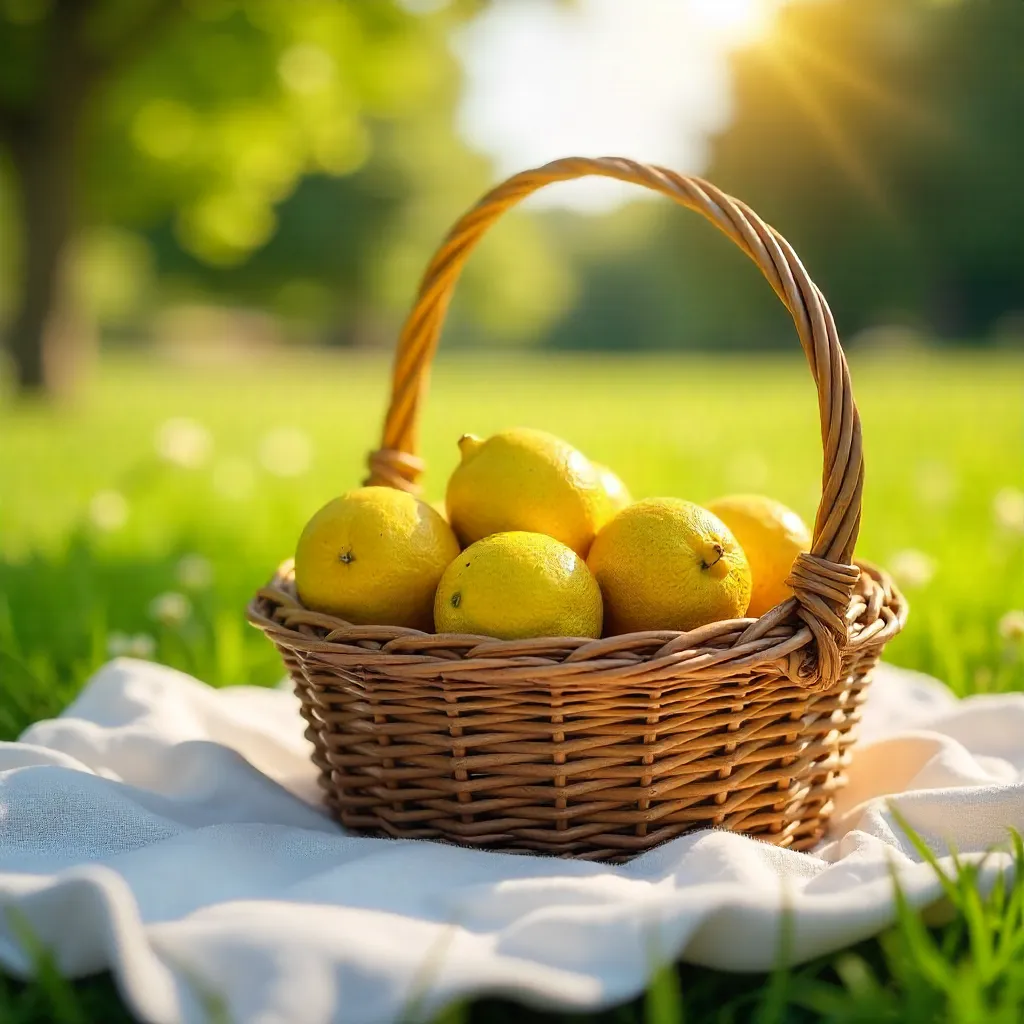 Sunlit Lemon Basket on a White Picnic Blanket