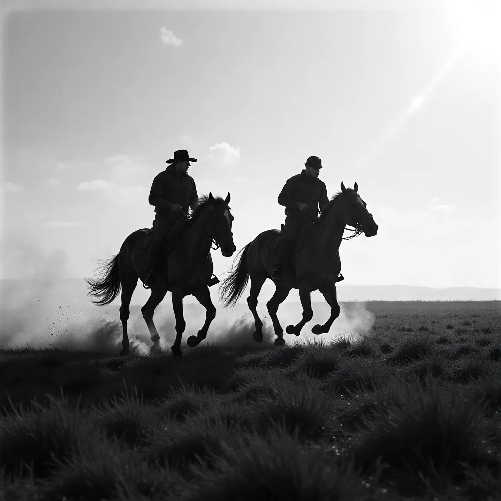 Galloping Riders Through Mist: Dynamic B&W Plains