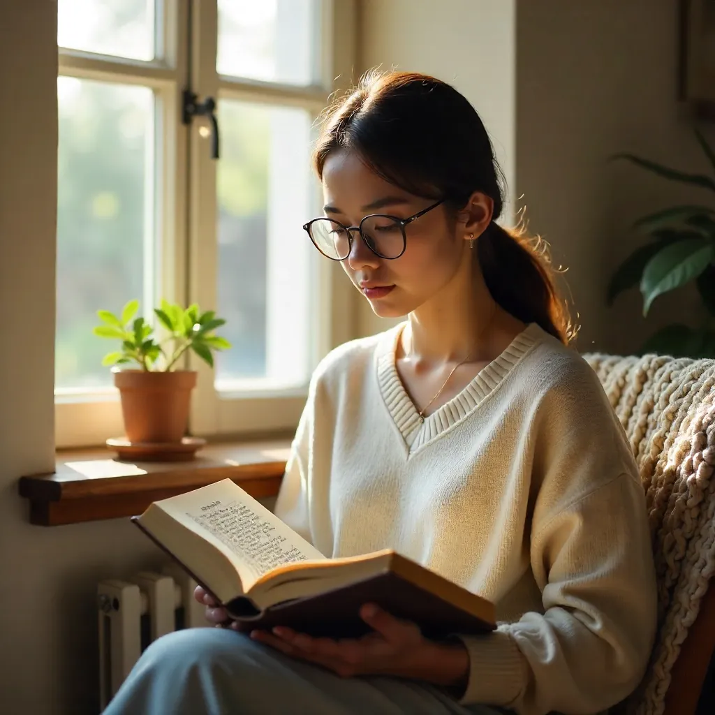 Sunlit Window Reading: Woman in Glasses