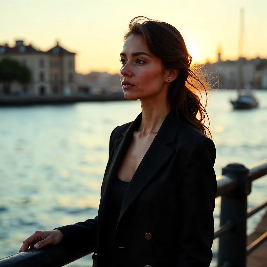 Thoughtful Woman in Black Blazer by the Waterfront