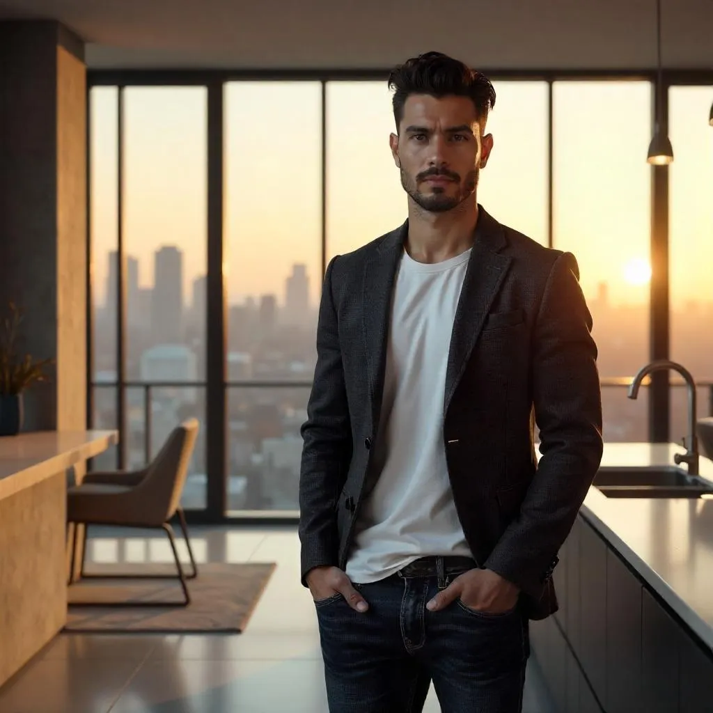 Photorealistic Portrait: Young Latino Man in a Penthouse