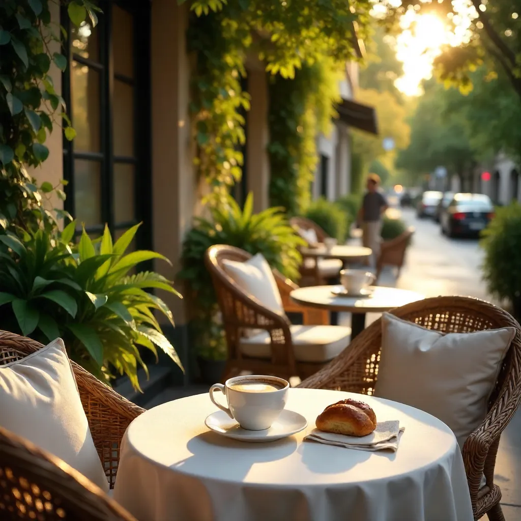 Cozy Outdoor Café: Wicker Chairs Amid Greenery