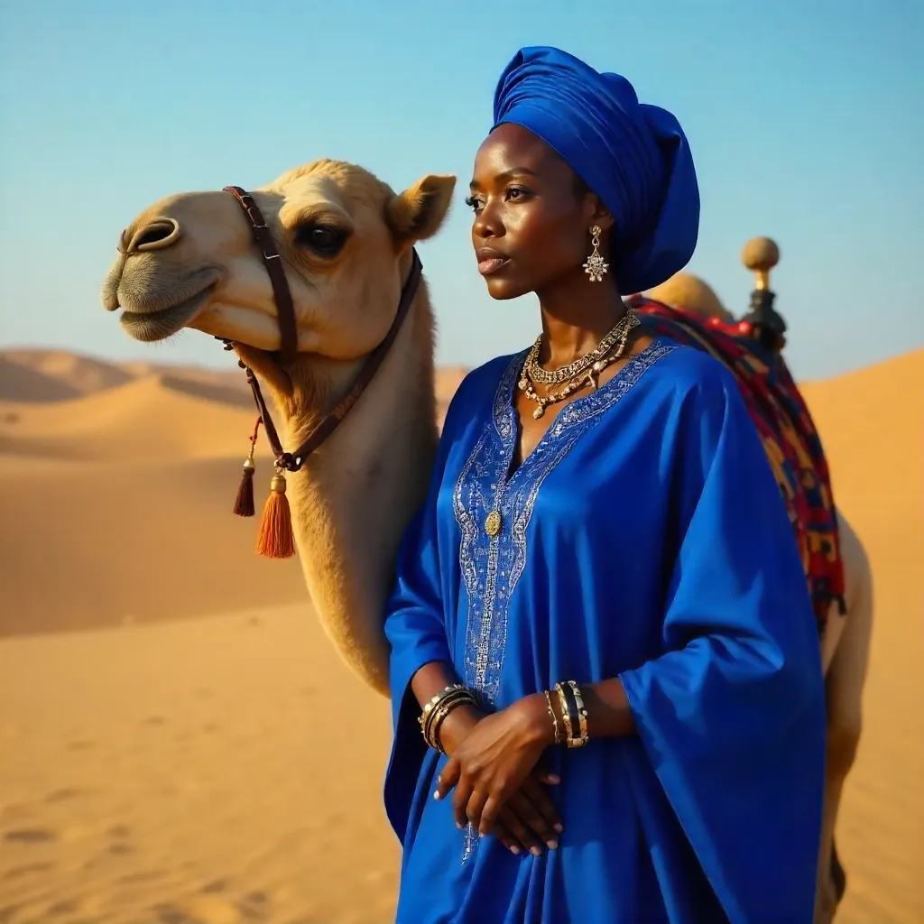 Blue Sahel Dress with Camel in Nigerian Desert