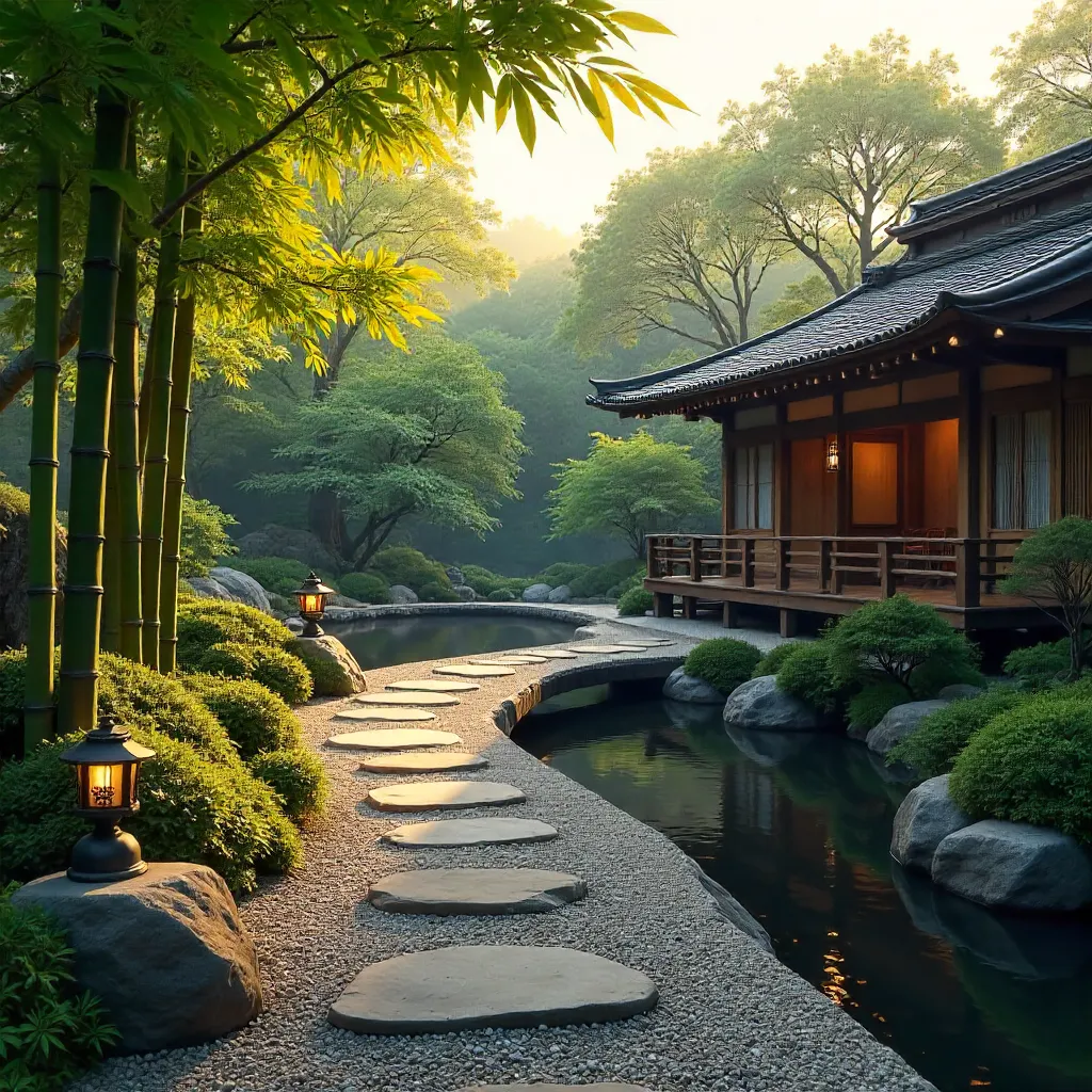 Tranquil Japanese Garden Path to a Traditional House