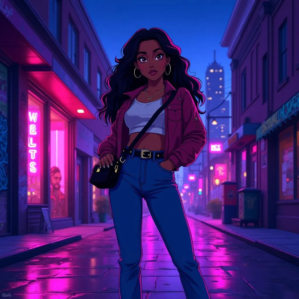 Latina Anime Woman in Neon City