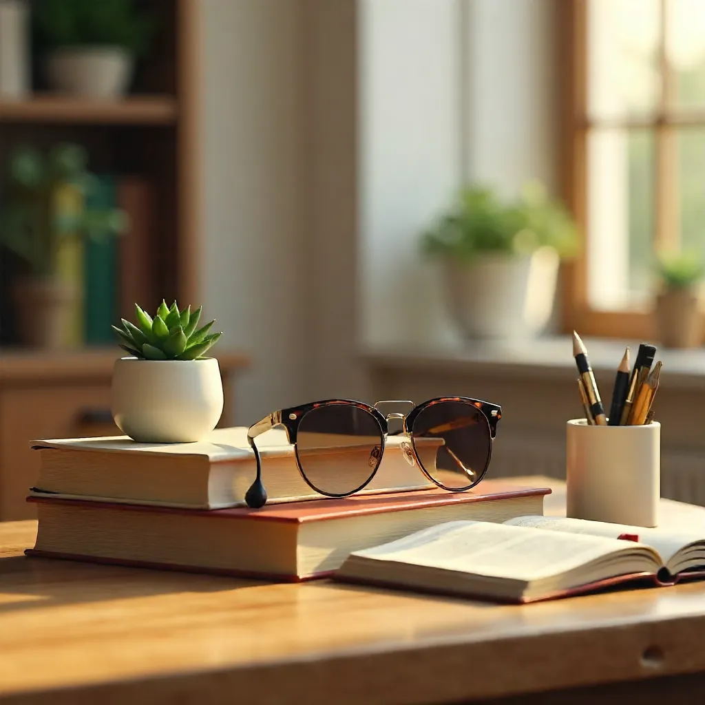 Chic Desk Setup: Books, Sunglasses, and Plant