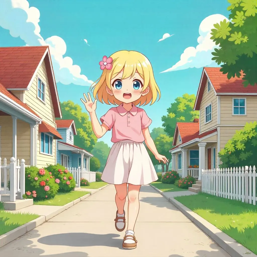 Cheerful anime girl in a sunny suburban street