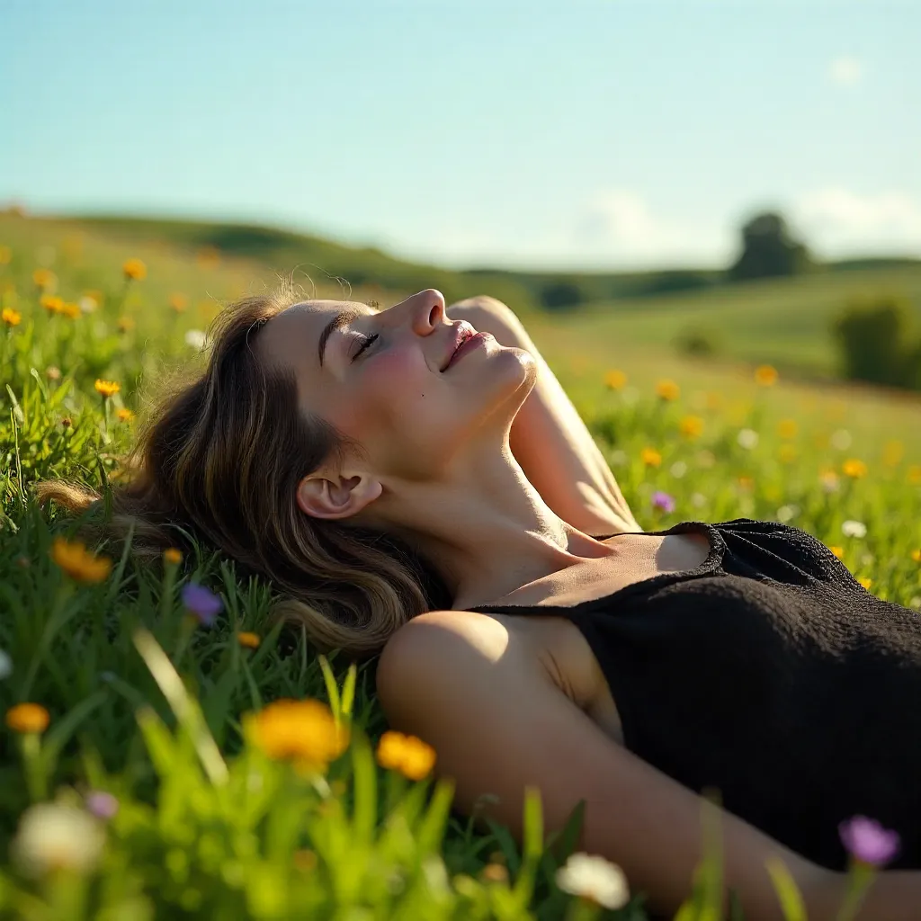 Sunlit Meadow Portrait of a Young Woman in Black Top