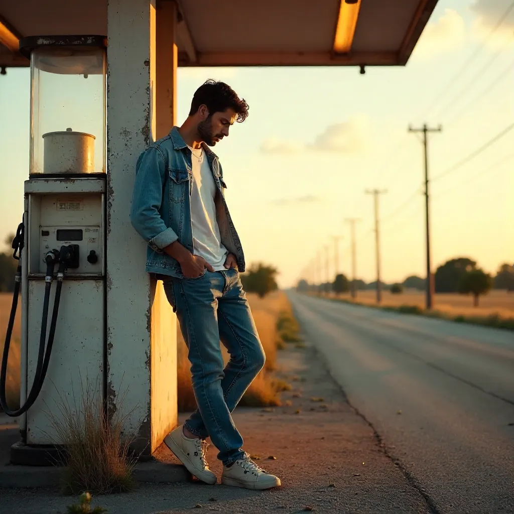 Young Man by Gas Station Pillar in Tranquil Outdoors
