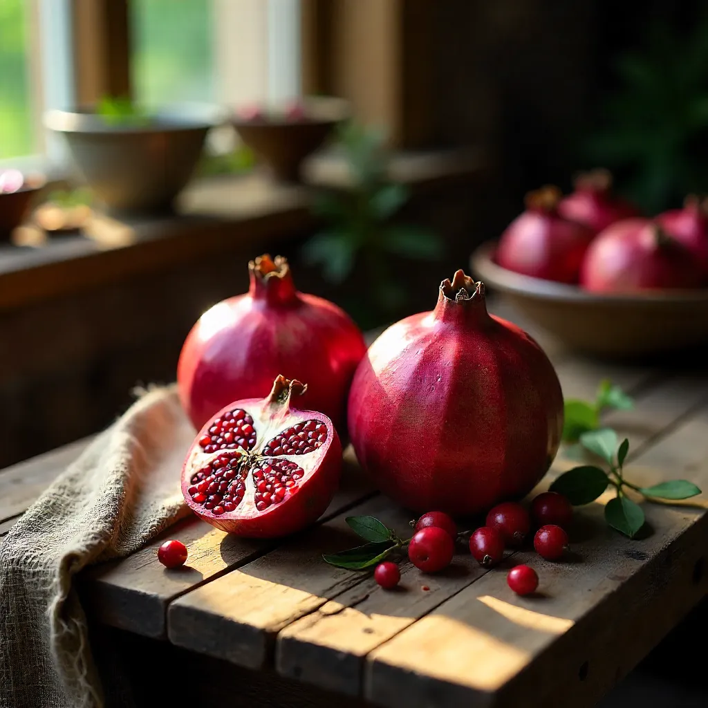 Rustic wooden table with pomegranates and hawthorn berries