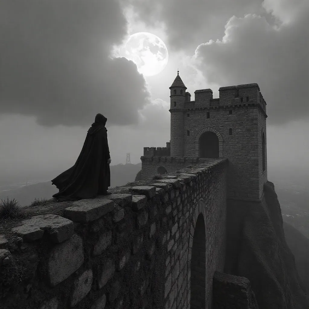 Dramatic Black-and-White Portrait in an Ancient Fortress