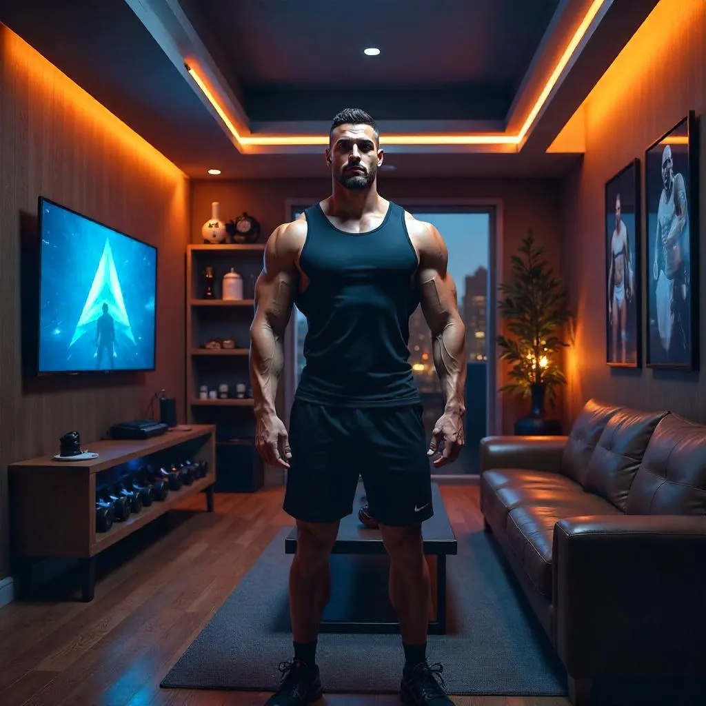 Athletic White Man in a Neon-Illuminated Man Cave