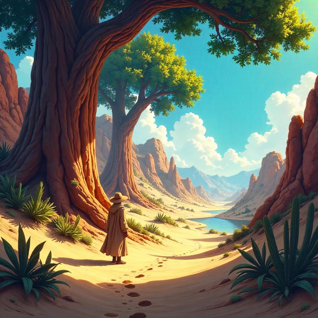 Desert Oasis Between Giant Redwood Trees (Anime Style)
