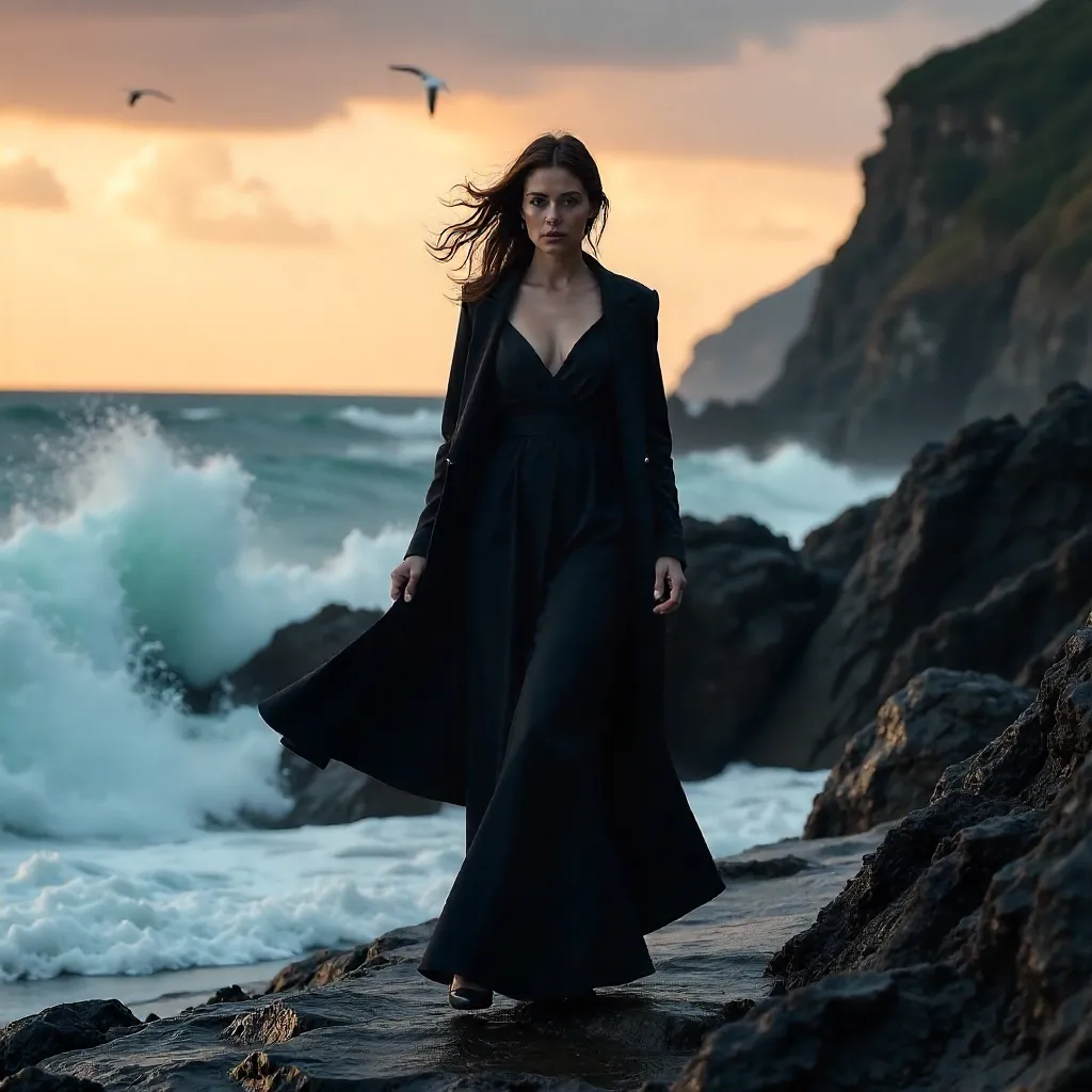 Graceful Pose on Ocean Rocks in Black