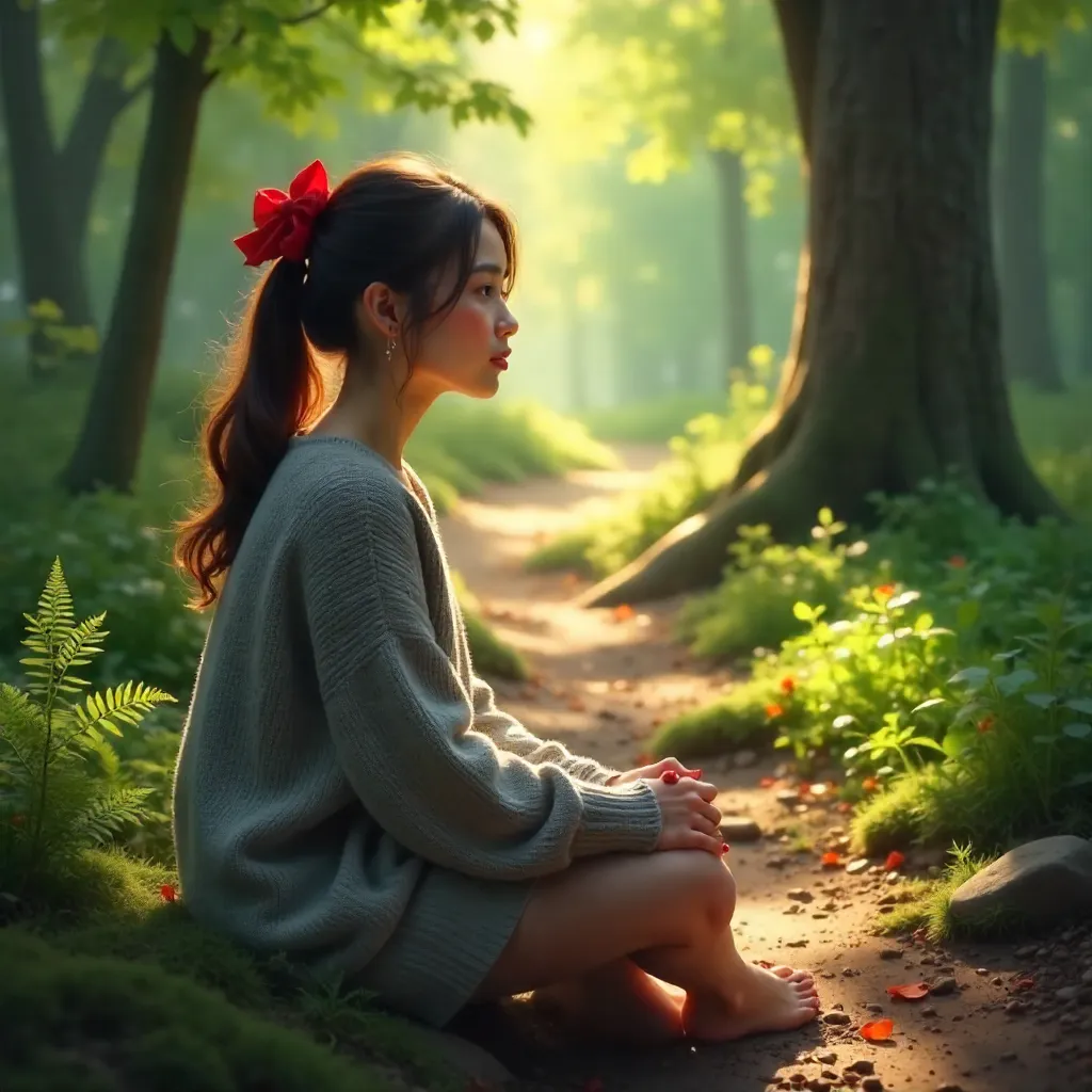 Serene Forest Path with a Red Bow