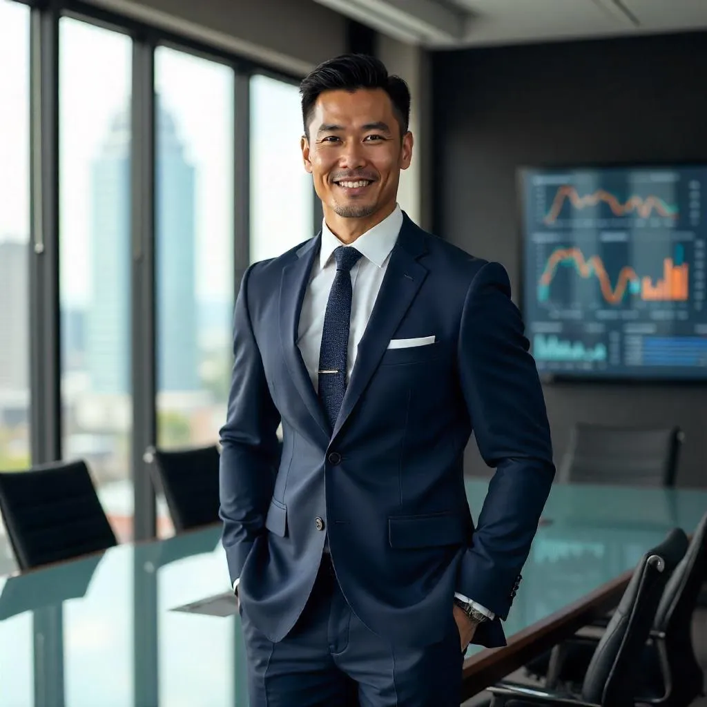 Athletic Asian Man in a Photoreal Boardroom