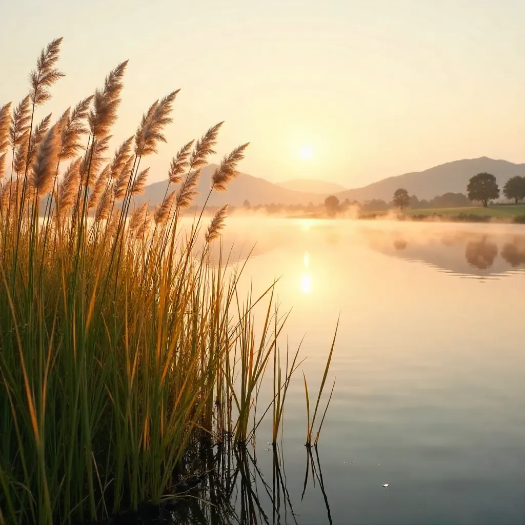 Golden Reed Grass by a Tranquil Minas Lake