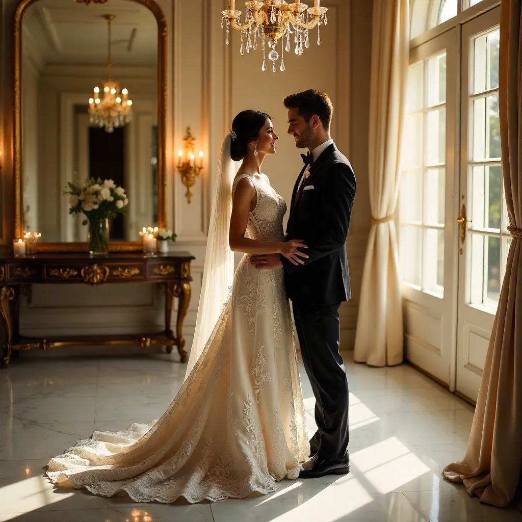 Soft-lit Moment: Bride and Groom in Reflections