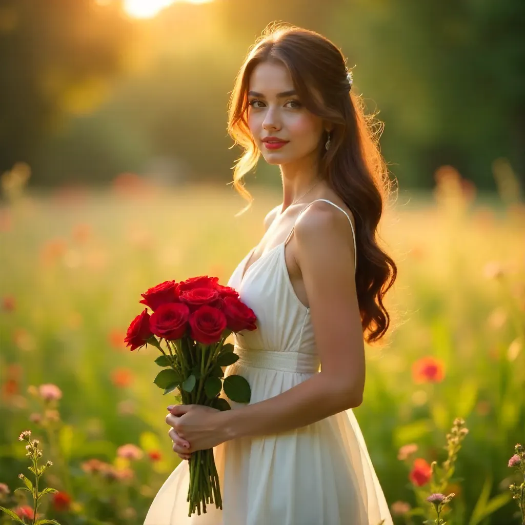 Dreamy Outdoor Portrait: White Dress & Red Roses