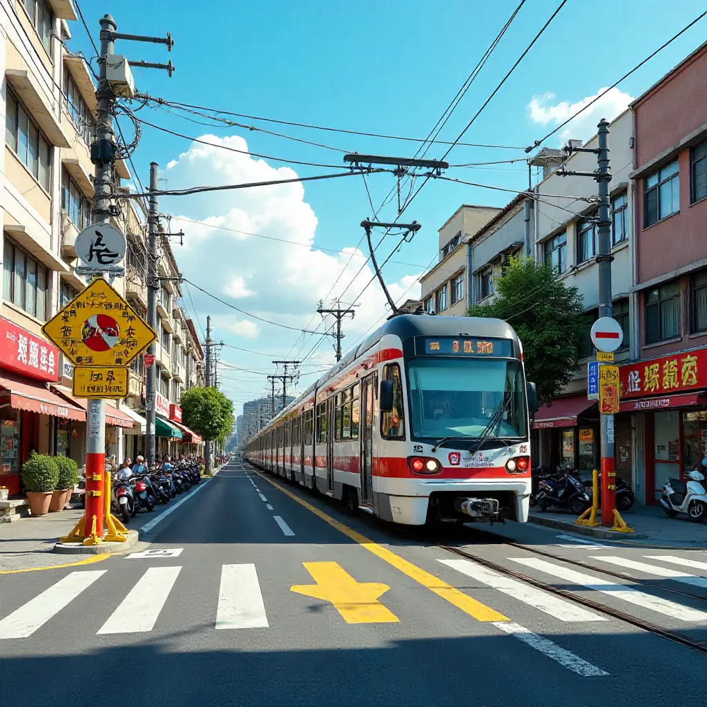 Taiwan Train Crossing a Busy Intersection Under Clear Blue Skies