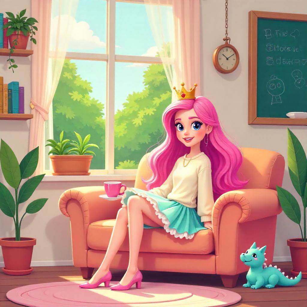 Whimsical Cartoon Princess in a Cozy Apartment