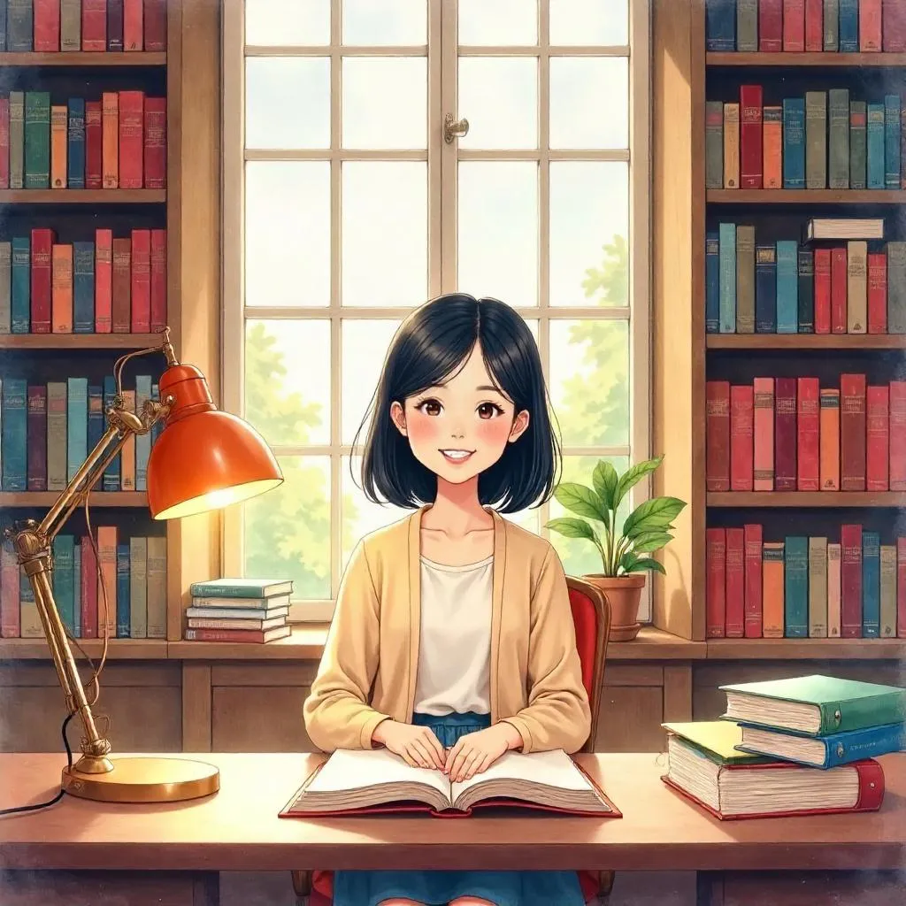 Cheerful Asian Girl in a Watercolor Library