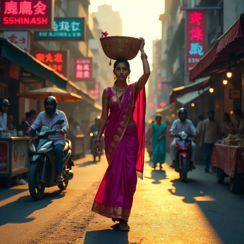 Basket-Balancing Woman in a Vibrant Urban Street