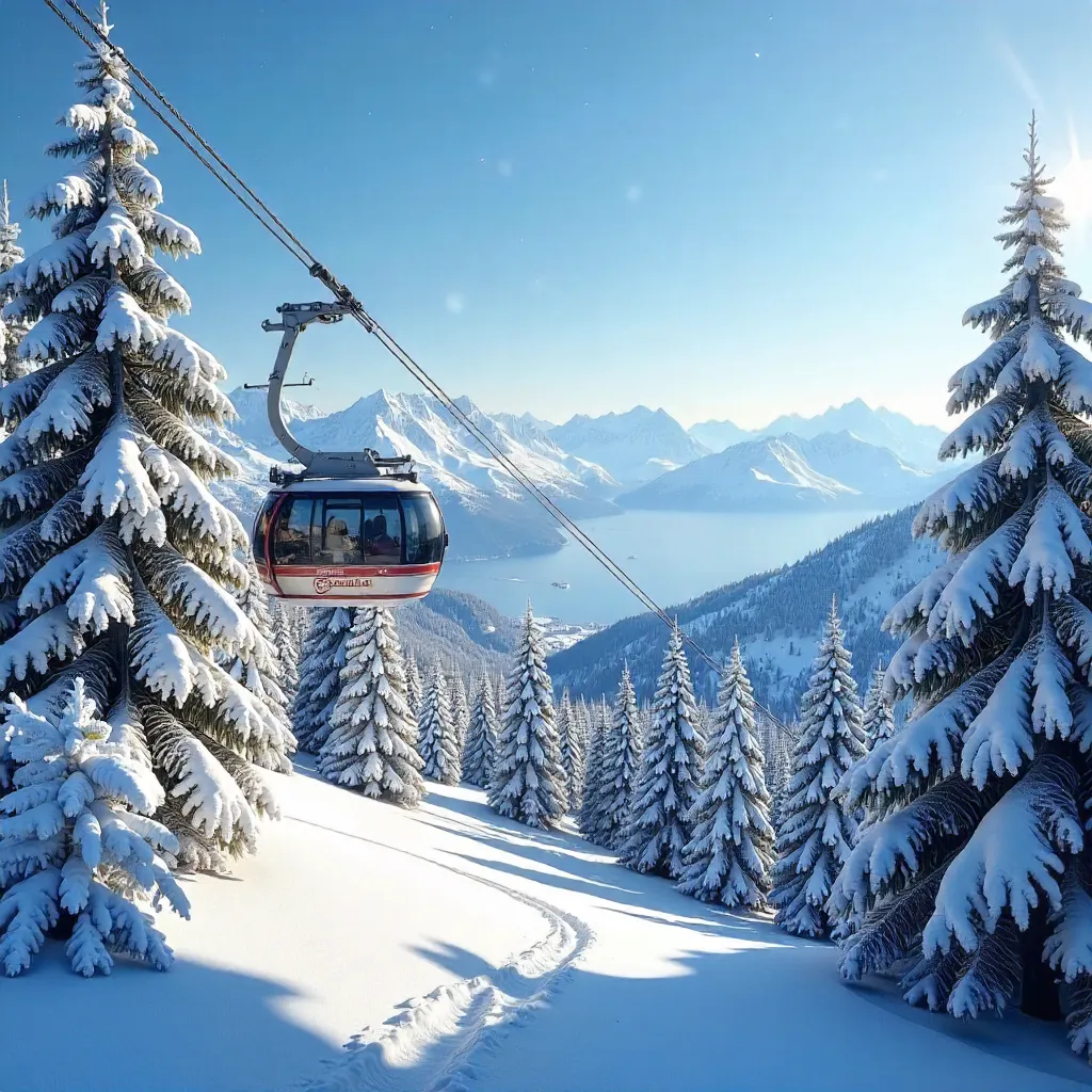 Cable Car Over Snowy Pines on a Clear Winter Day