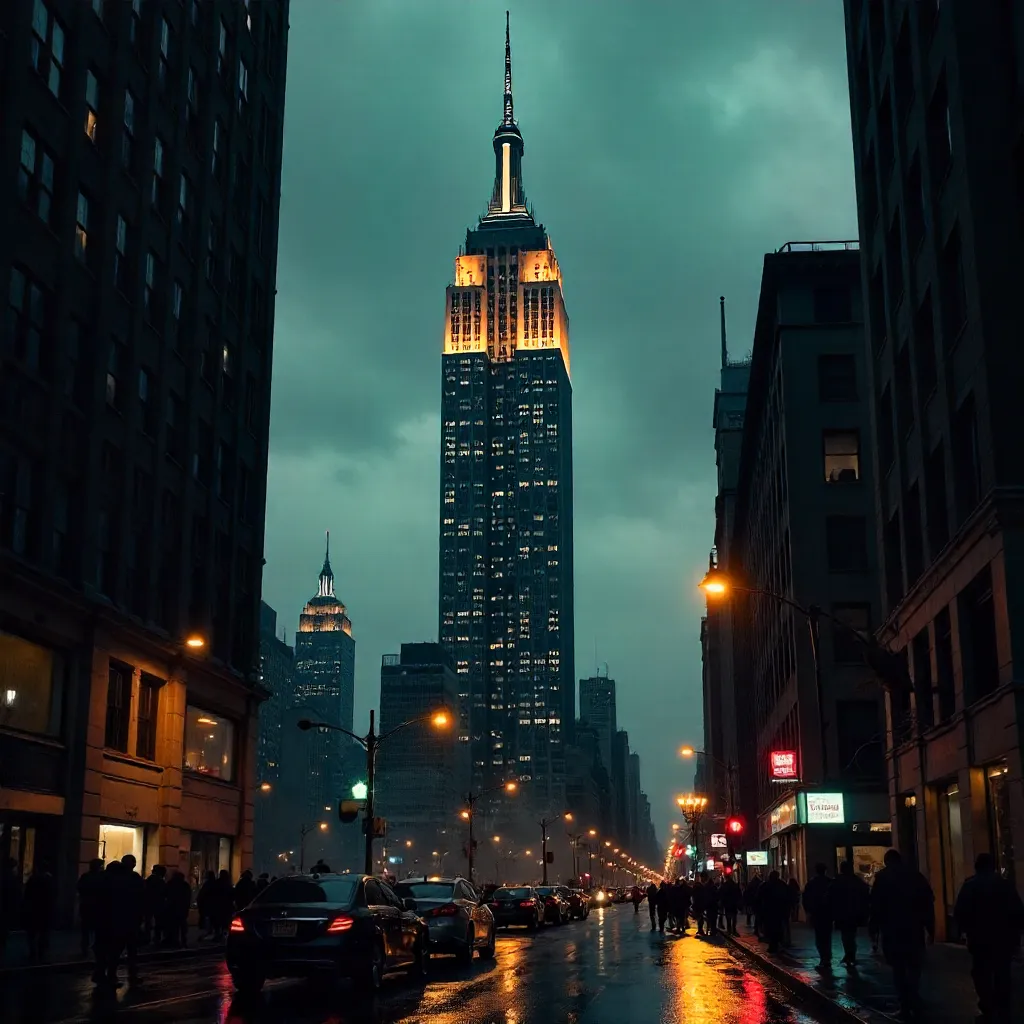 Empire State Building Foreshortened at Cloudy Evening