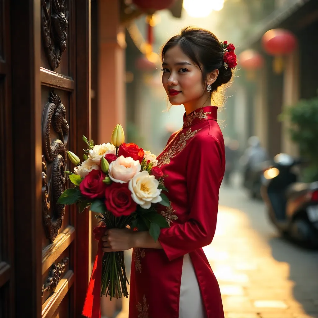 Ao Dai by an Ornate Hanoi Door