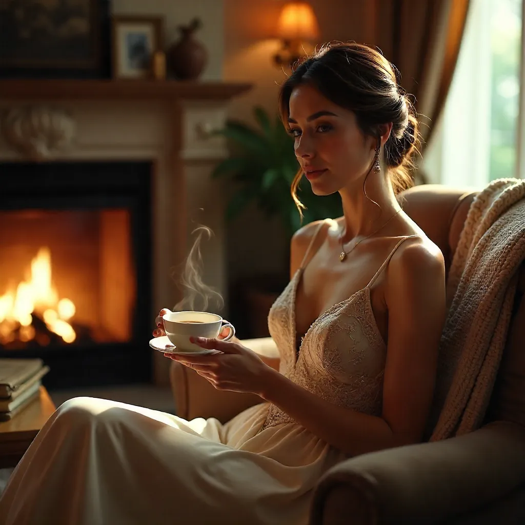 Cozy Elegance: Woman with Coffee in a Warm Room
