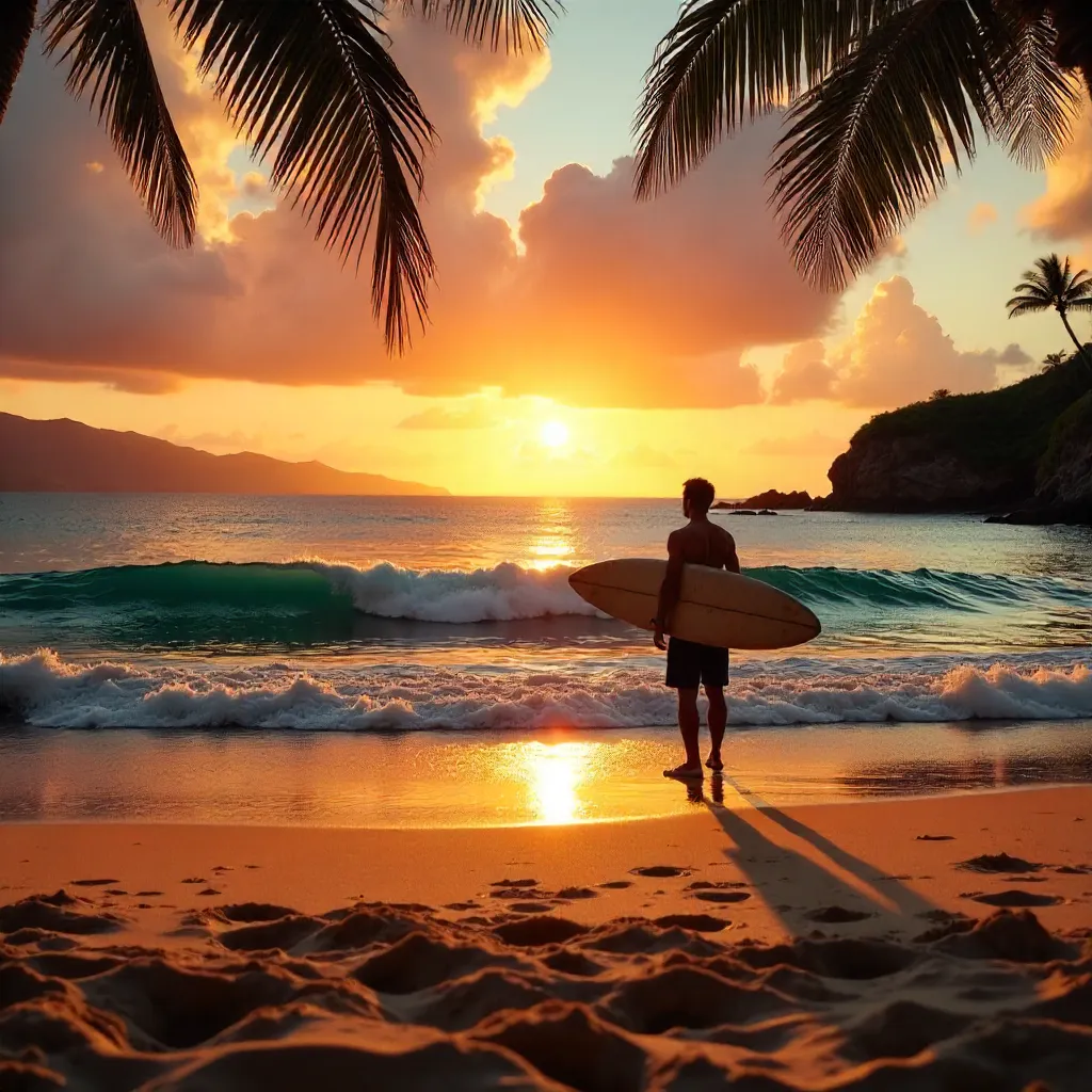 Lone Surfer at Sunset on Hawaiian Beach
