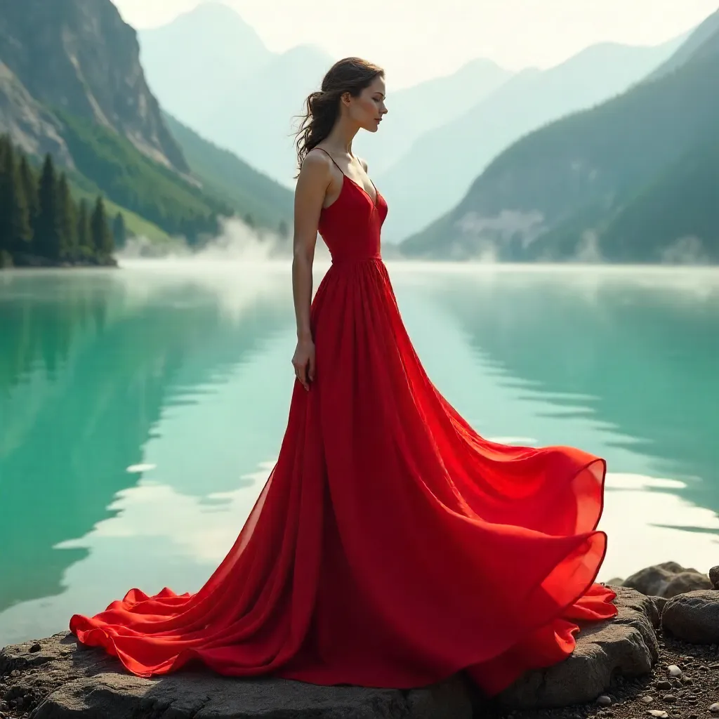 Mist-Kissed Red Dress by Turquoise Lake