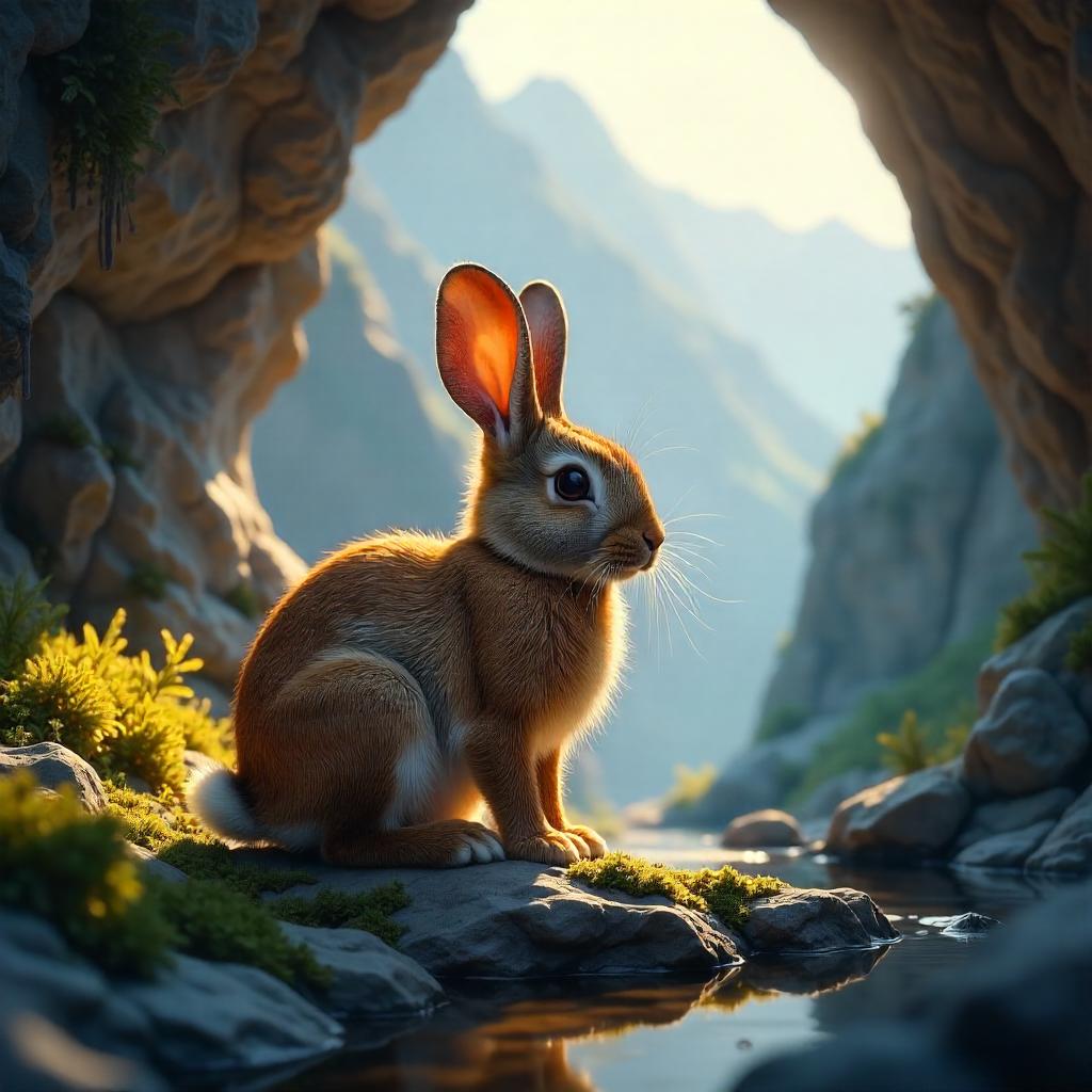 Photorealistic Rabbit in a Mountain Cave
