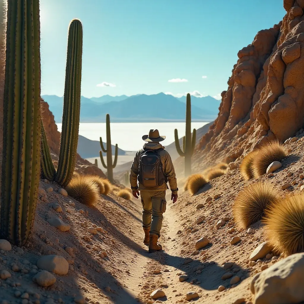 Explorer Among Uyuni's Giant Desert Cacti
