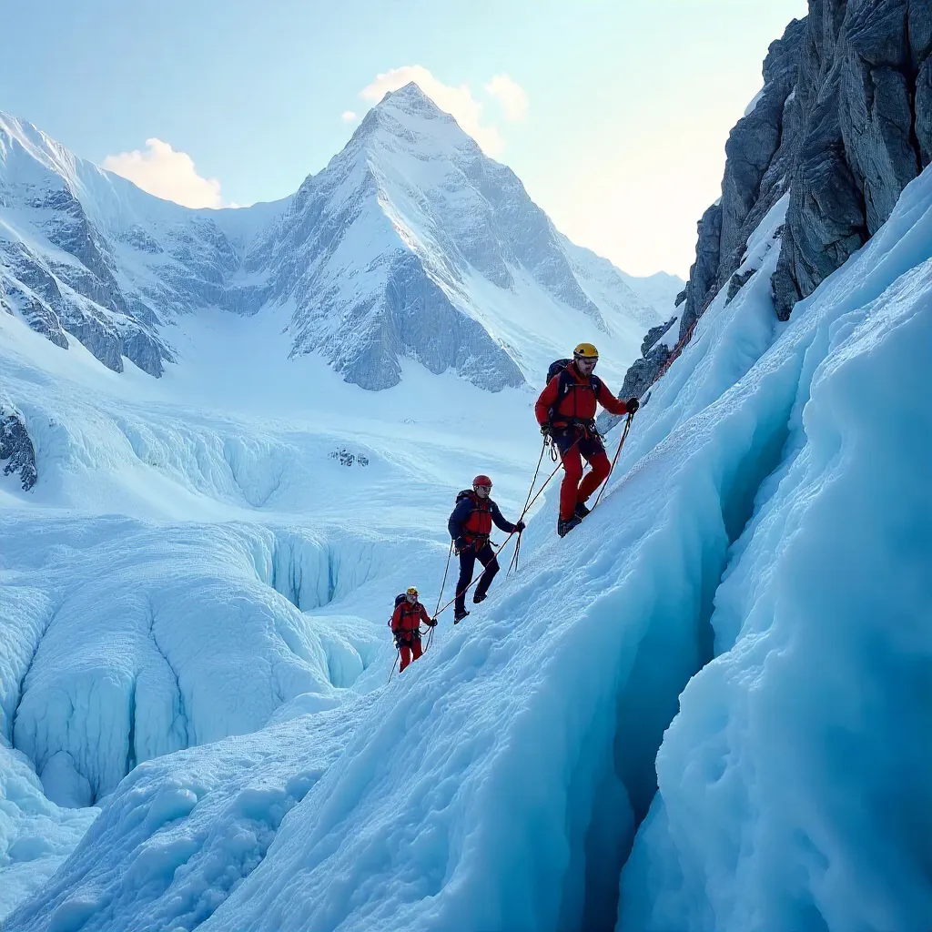 Three Climbers Navigating Chamonix Ice Crevasses