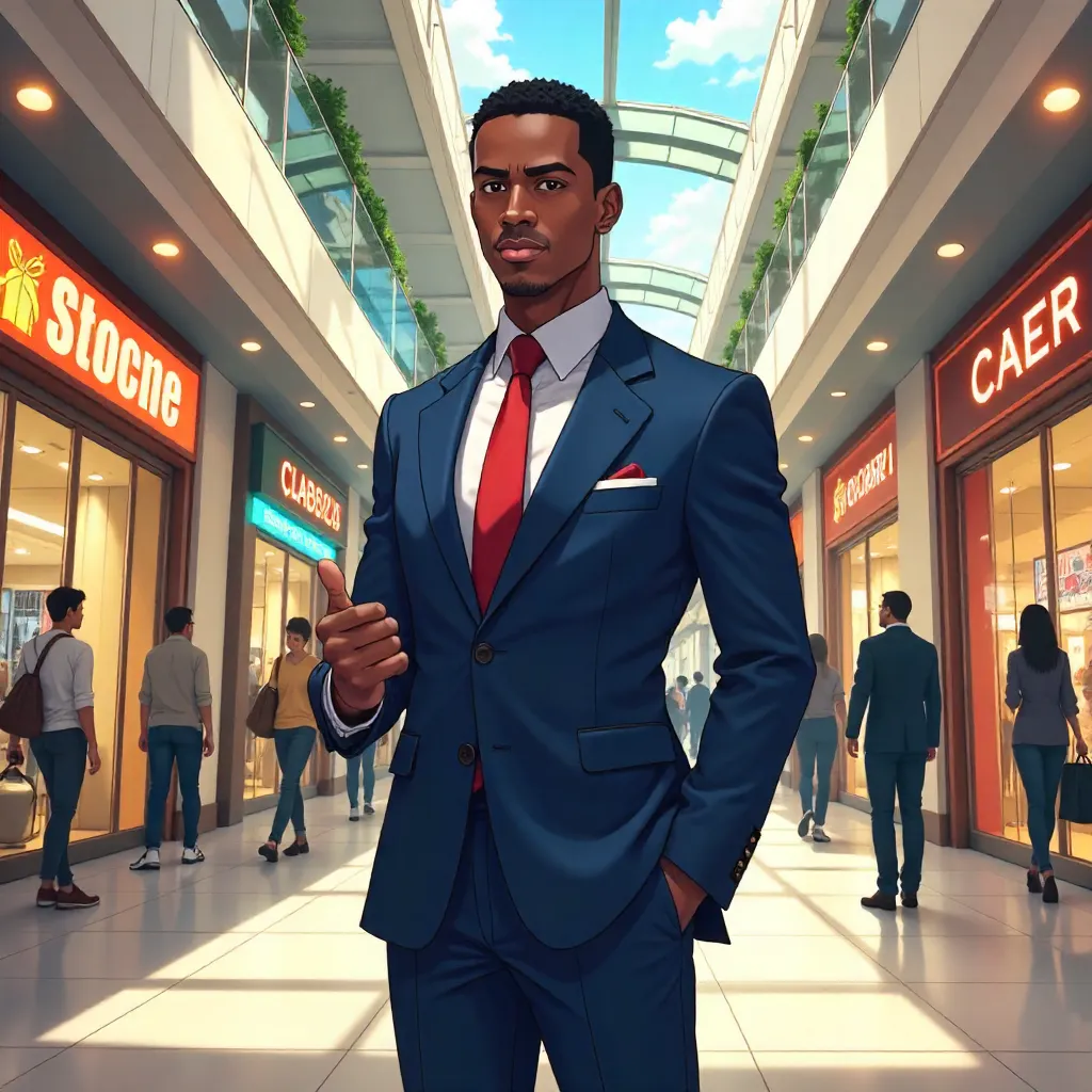 Anime-Style Professional Black Man in a Mall