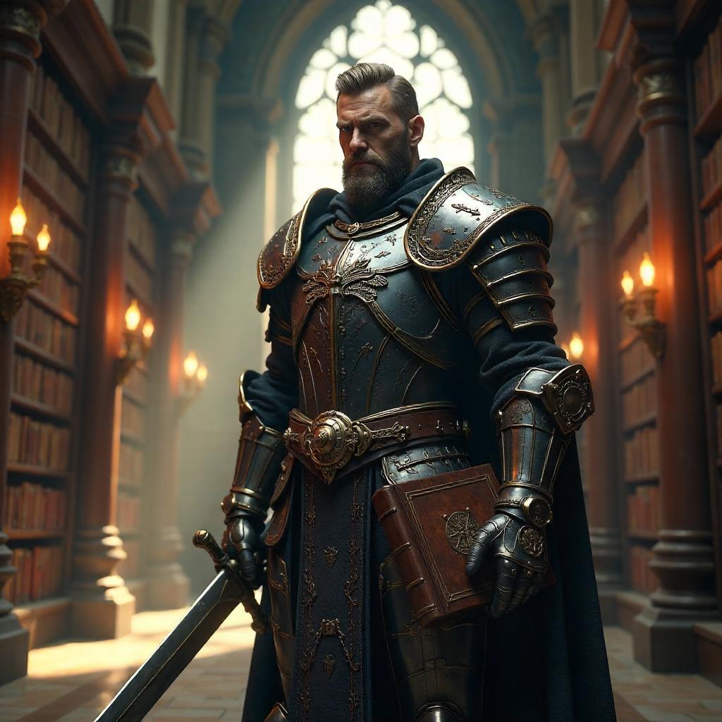 Warrior in a Grand Library: A Photorealistic 3D Render