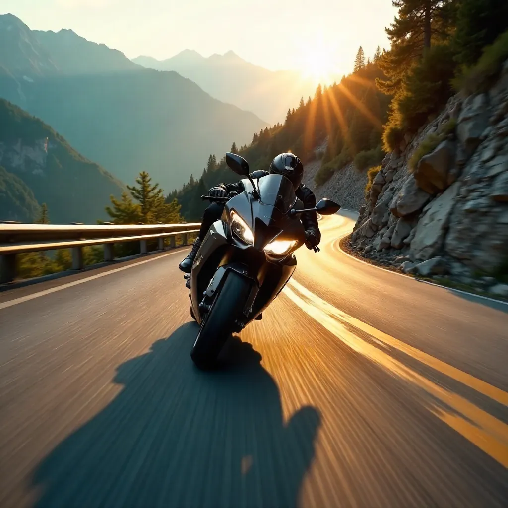 Thrilling Panning Shot: Motorcycle on a Winding Road