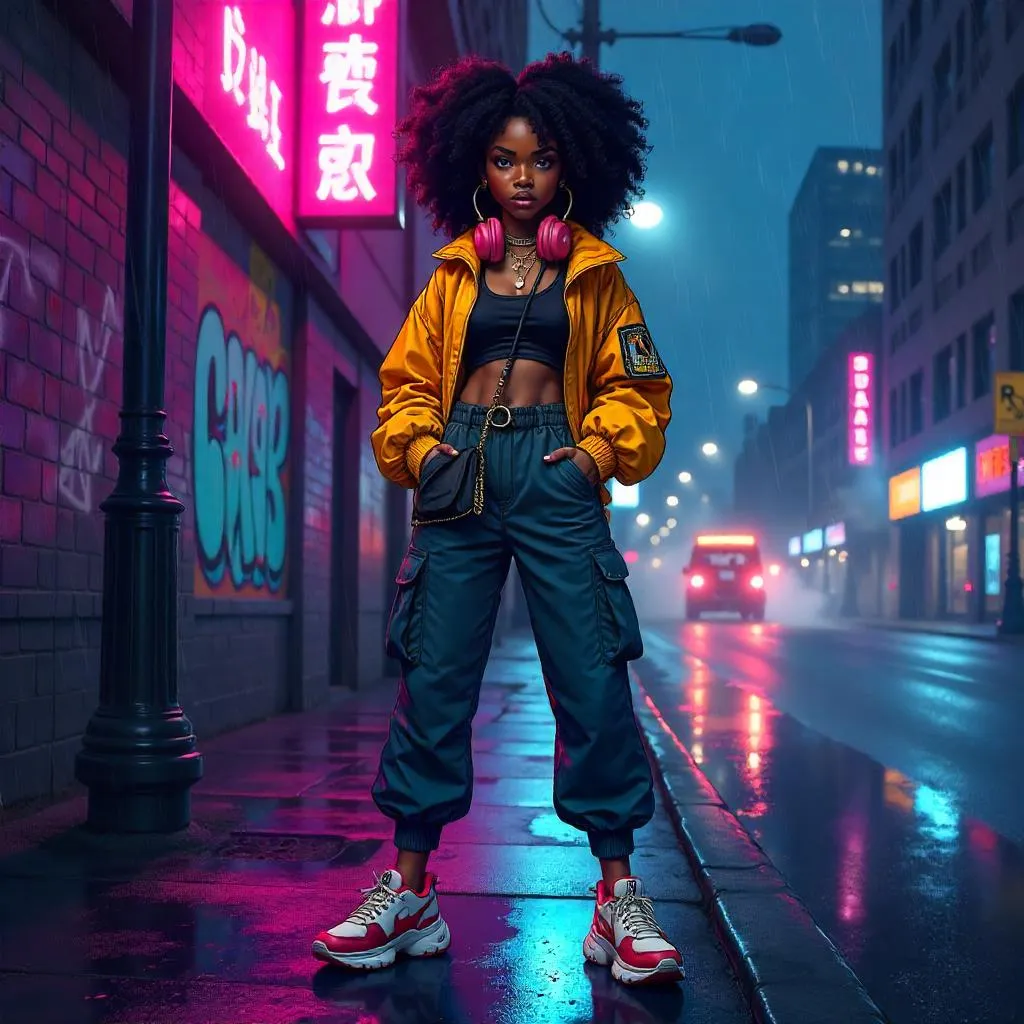 Neon Night Street Style: Anime Black Woman