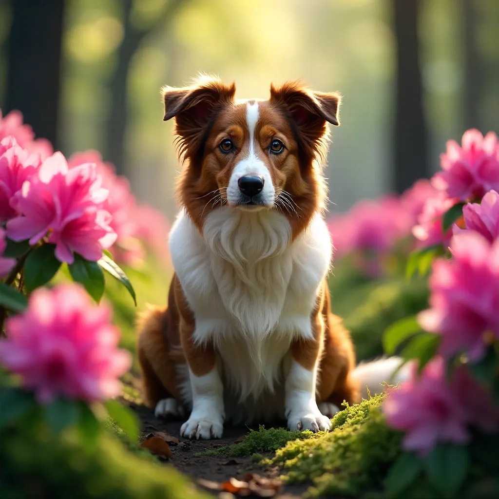 Border Collie Among Pink Rhododendrons in the Forest
