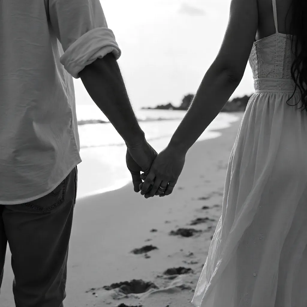 Holding Hands at Dusk: Black-and-White Beach Moment