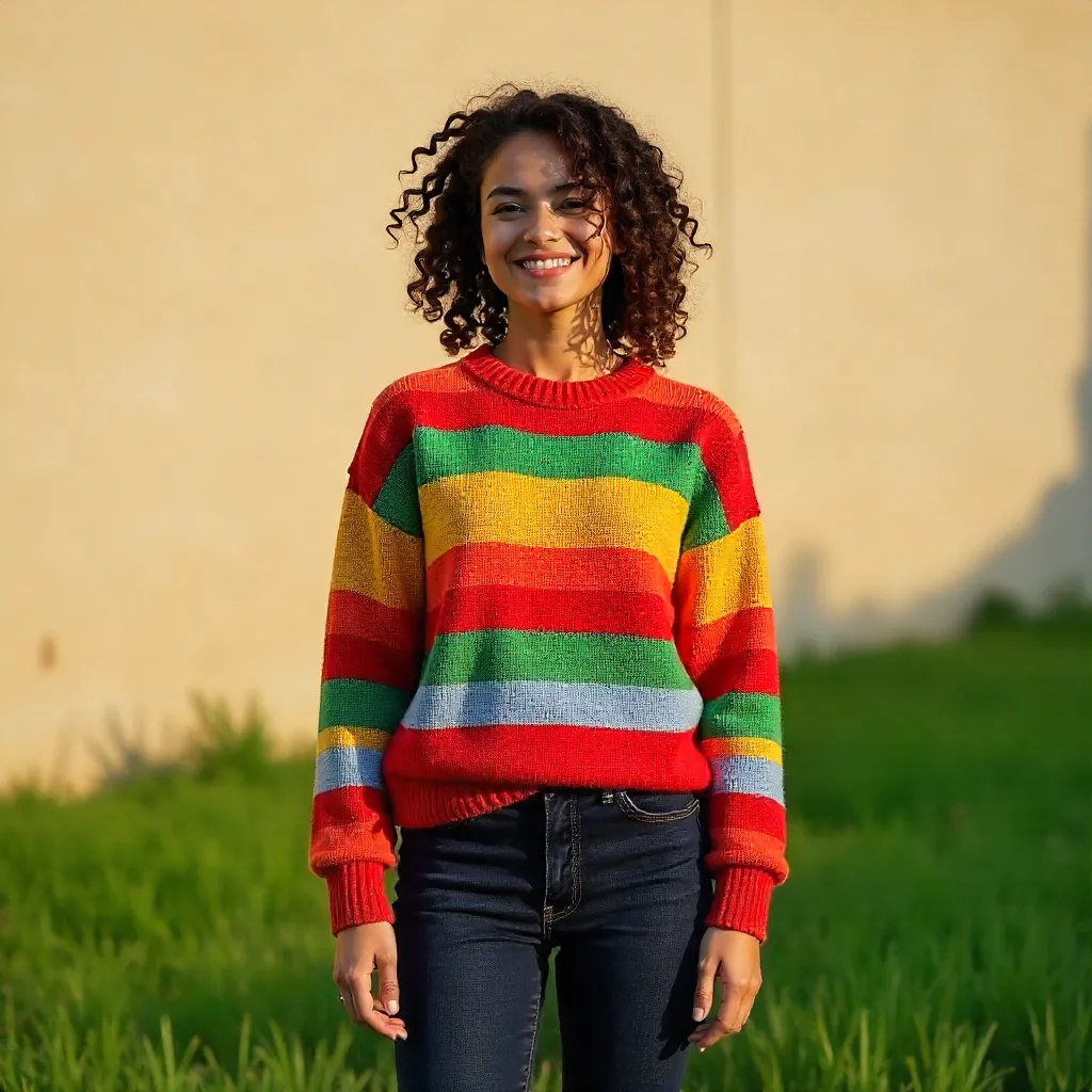 Curly-Haired Woman in Vibrant Striped Sweater Outdoors