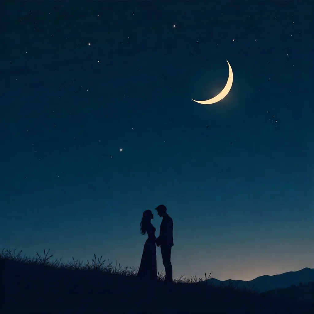 Moonlit Abstract Silhouette: Lovers under a Crescent Moon